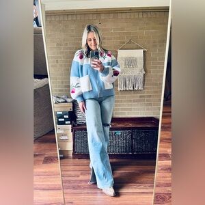 Le Lis Sky Blue & Cream Rose Zip Knit Jacket